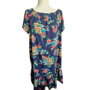Lands End Hawaiian Floral Off-Shoulder Navy Dress With Ruffle Size XL 18 CM2012